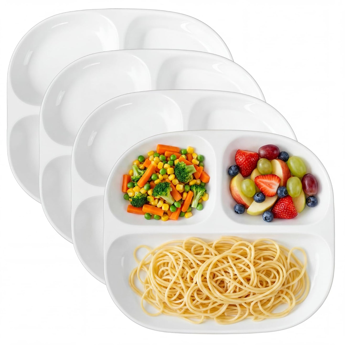 Lounsweer 4 Pack 8.58" Portion Control Plates White Rectangle Ceramic Porcelain Divided Plates Set for Rational Eating Healthy Diet Dinner 3 Compartment for Adults Microwave Dishwasher Safe