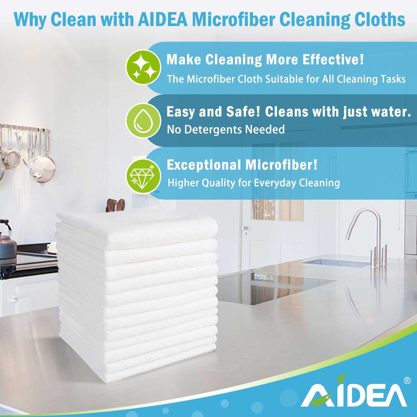 AIDEA Microfiber Cleaning Cloth White 50PK, Cleaning Rags, Lint Free Microfiber Towels, Kitchen Towels Dusting Cloth, Wash Cloths, Dish Rags White, 12"x 12"
