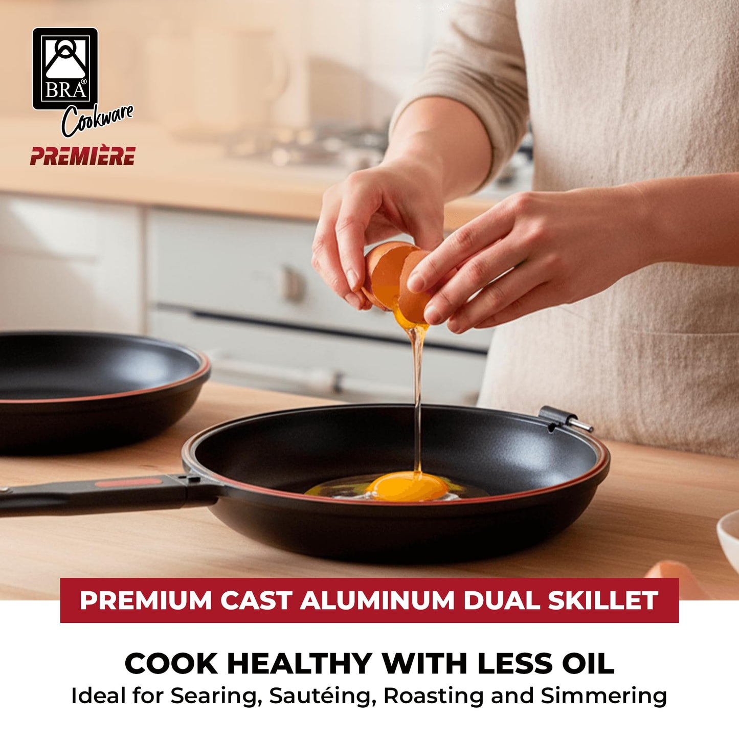 BRA COOKWARE Premiere Dual Skillet | 8 inches Double Frying Pan for Frittatas & Spanish Omelets | PFOA Free Triple Nonstick Coating | Full Induction Reversible Pan | Cast Aluminum Flip Skillet
