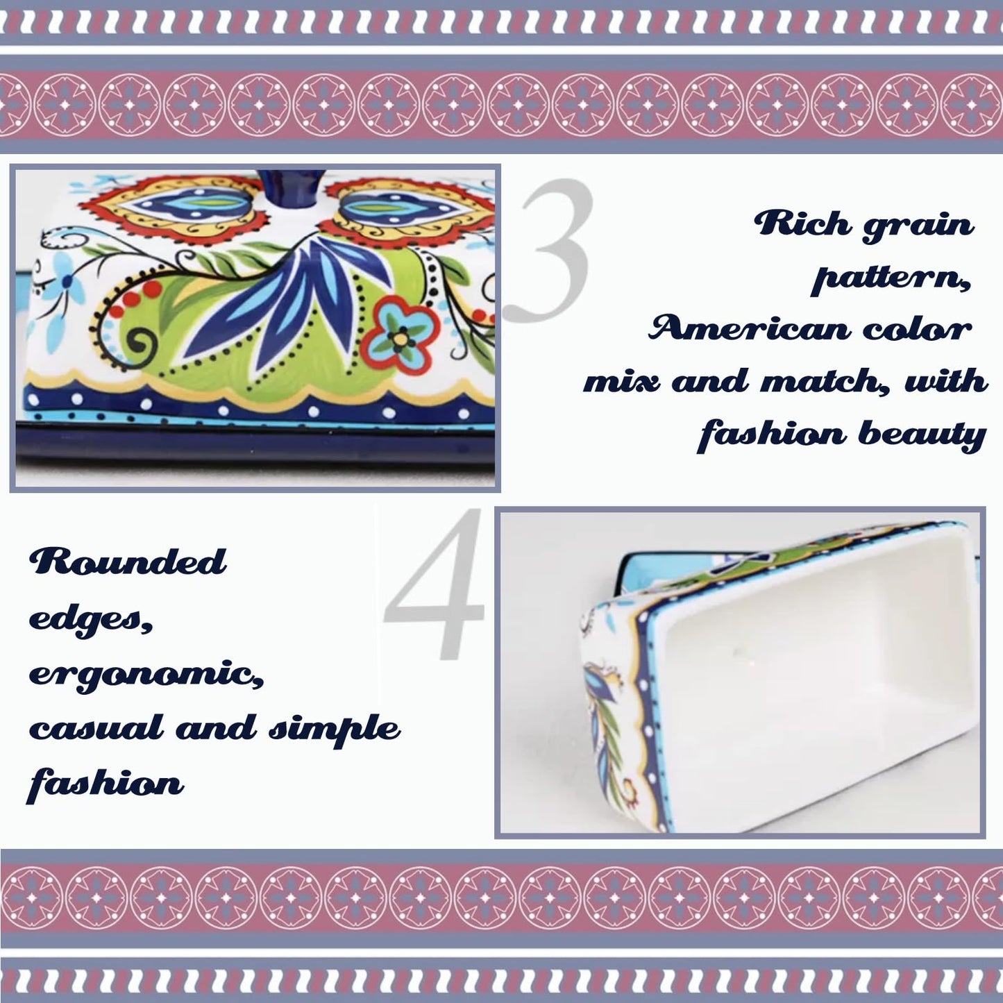 Ceramic Butter Dish with Lid Bohemia Hand Drawn Butter Plate Tray with Cover for Cheese Vintage Cheese Container Holder European-Style Butter Keeper for Home Kitchen 7.9 x 4.5 x 3.1 Inches (1)