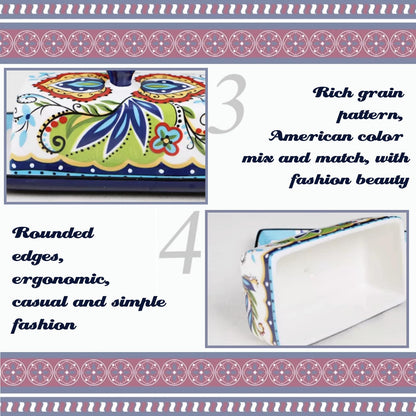 Ceramic Butter Dish with Lid Bohemia Hand Drawn Butter Plate Tray with Cover for Cheese Vintage Cheese Container Holder European-Style Butter Keeper for Home Kitchen 7.9 x 4.5 x 3.1 Inches (1)