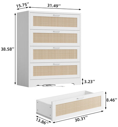 GarveeHome Rattan Dresser, Tall Chest of Drawers, Wood Dresser for Bedroom, Closet, Living Room, Hallway (White, 15.8" D x 31.5" W x 38.6" H (4 Rattan Drawers))