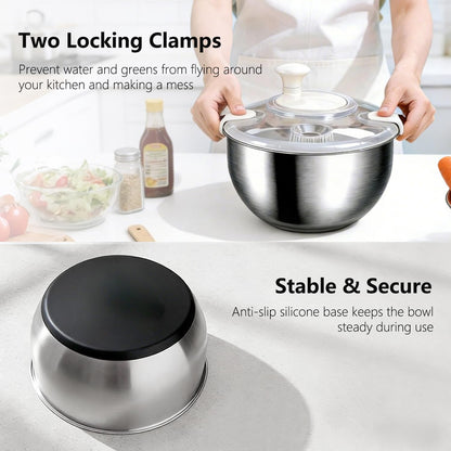 Large Salad Spinner with Storage Lid，5.29QT Stainless Steel Spin Dry Salad Greens Fruit Washing Bowl with Strainer Vegetable Cleaner washer Lettuce Spinner with slicer and julienne cutter