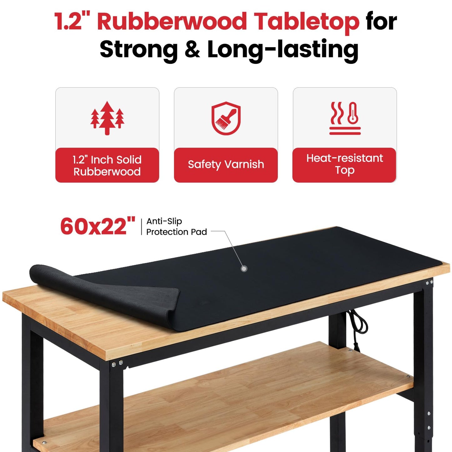 ENJOYWOOD 60" x 22" Adjustable Height Workbench with Under Table Shelf Heavy Duty Rubberwood Top Work Table for Garage, Workshop, Office & Home