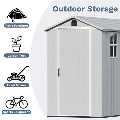 Devoko 4×8 FT Resin Storage Shed with Floor, Garden Plastic Outdoor Shed with Window and Lockable Door, Waterproof Outside Tool shed for Backyard Patio, Light Grey