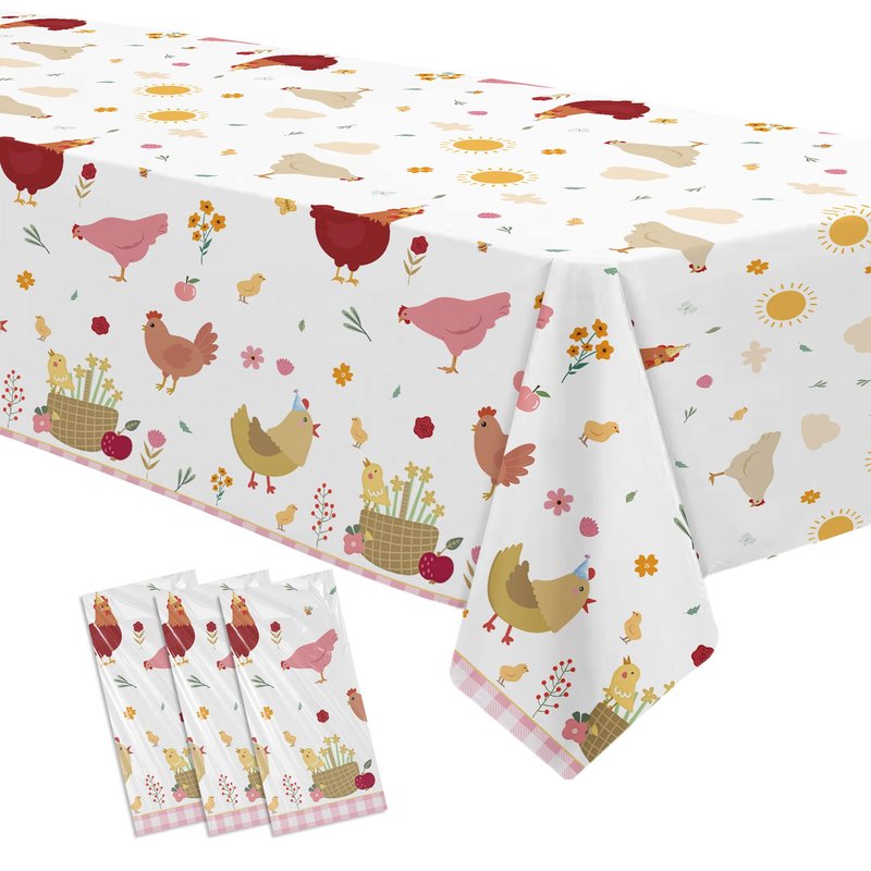 Suhelkit Chicken Party Decorations Tablecloth for Birthday Baby Shower, 3 Pack Farm Animal Barnyard Little Chick Birthday Party Supplies Table Cover, 55in x 86in