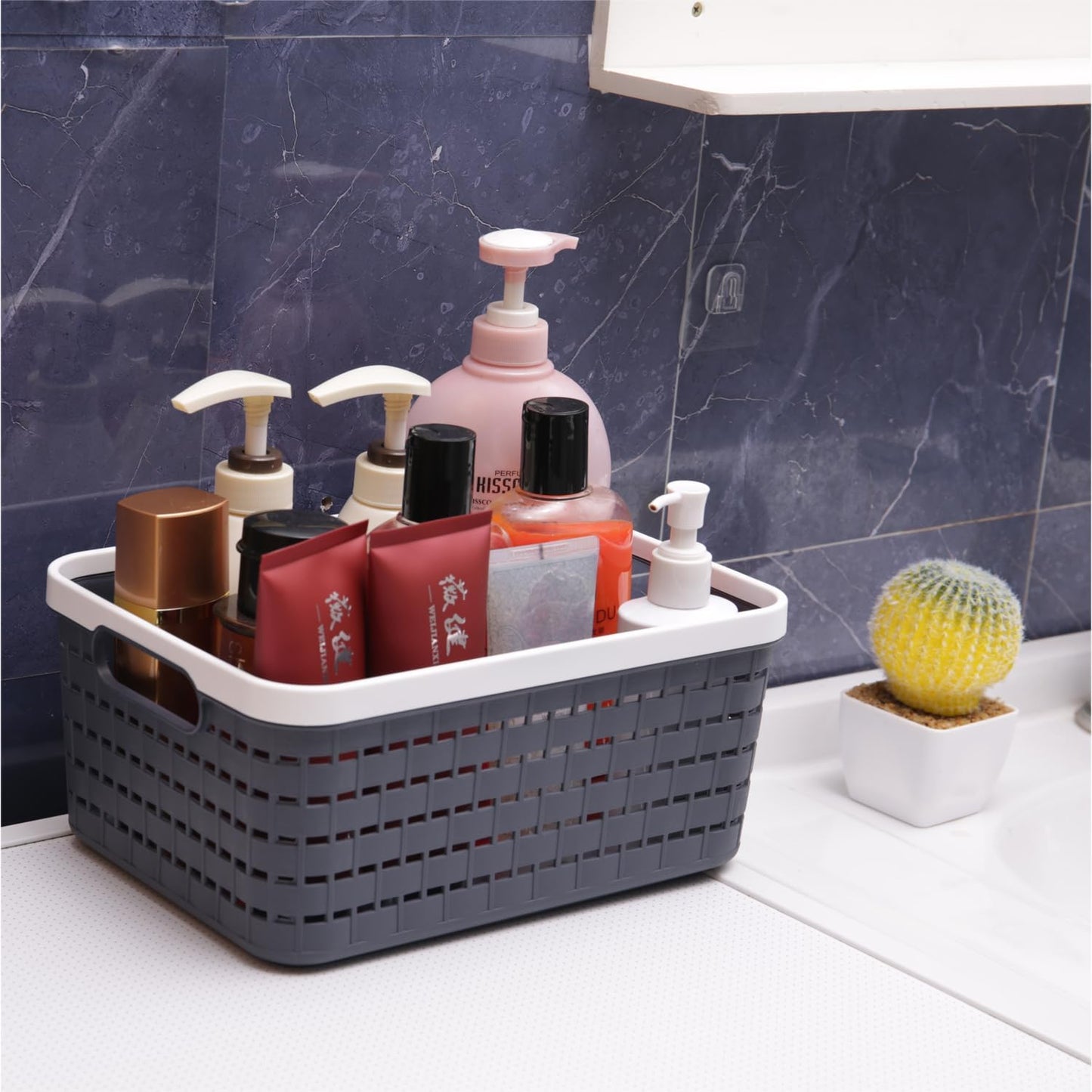 Plastic Storage Bin Baskets, Small Grey Toilet Paper Basket for Bathroom, Organizer Shower Caddy with Handles (2 Pack)