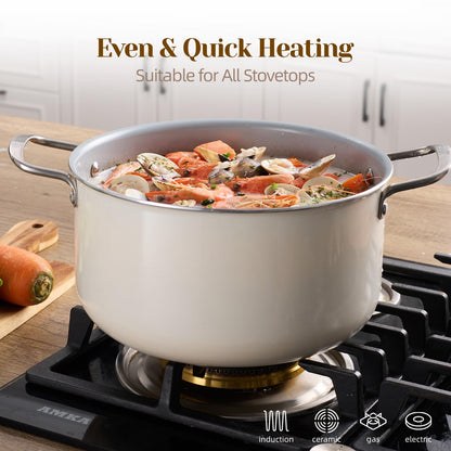 Ceramic Nonstick Stock Pot with Lid 8 QT Large Induction Cooking Pot with Stainless Steel Handles, Non Toxic Soup Pot for Stews, Oven & Dishwasher Safe, Cream White