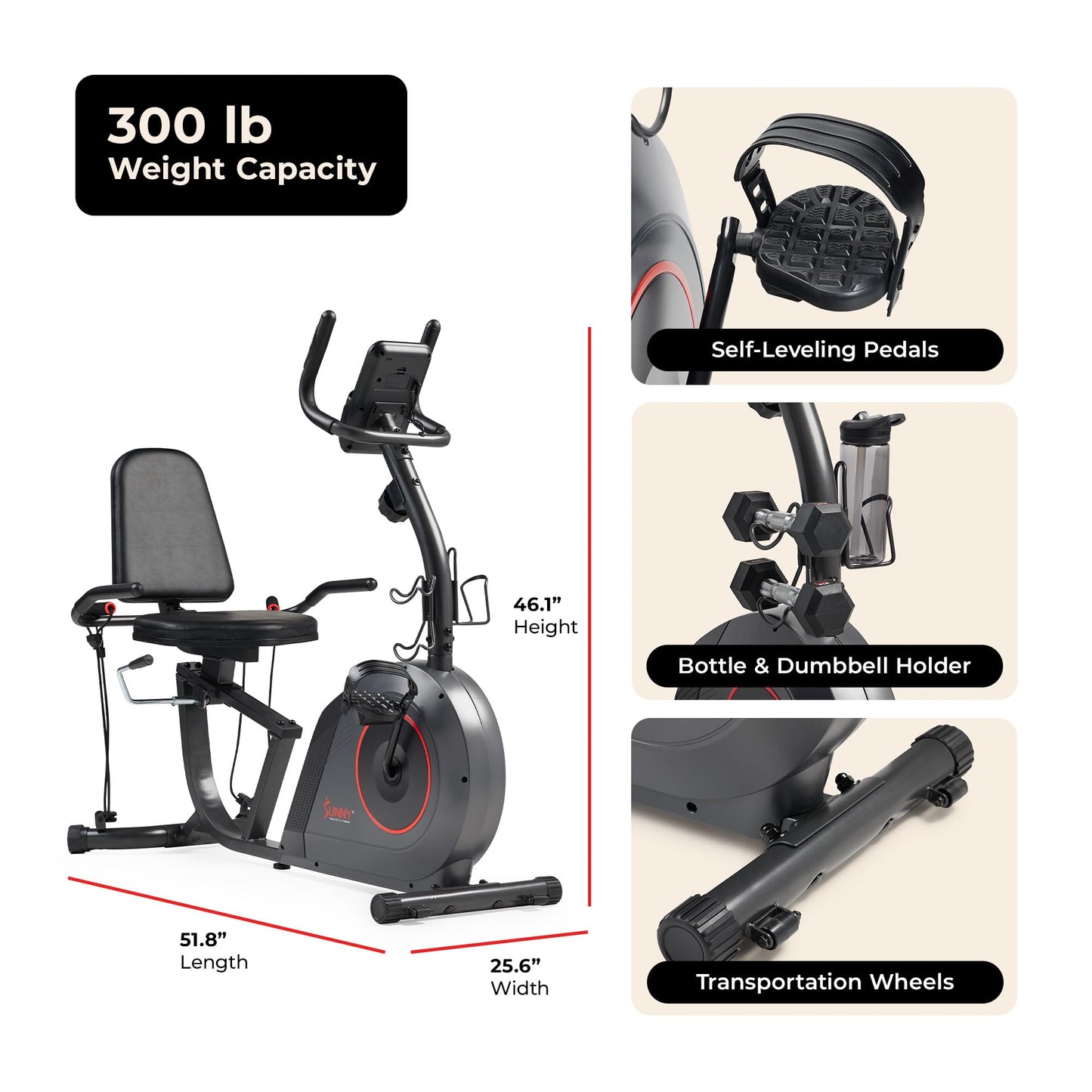 Sunny Health & Fitness Smart Recumbent Bike w/Workout Bands, 300LB Capacity Compact Equipment for Indoor Full-Body Exercise, Adjustable Cushion Seat for Seniors Home Cardio Training, Free SunnyFit App