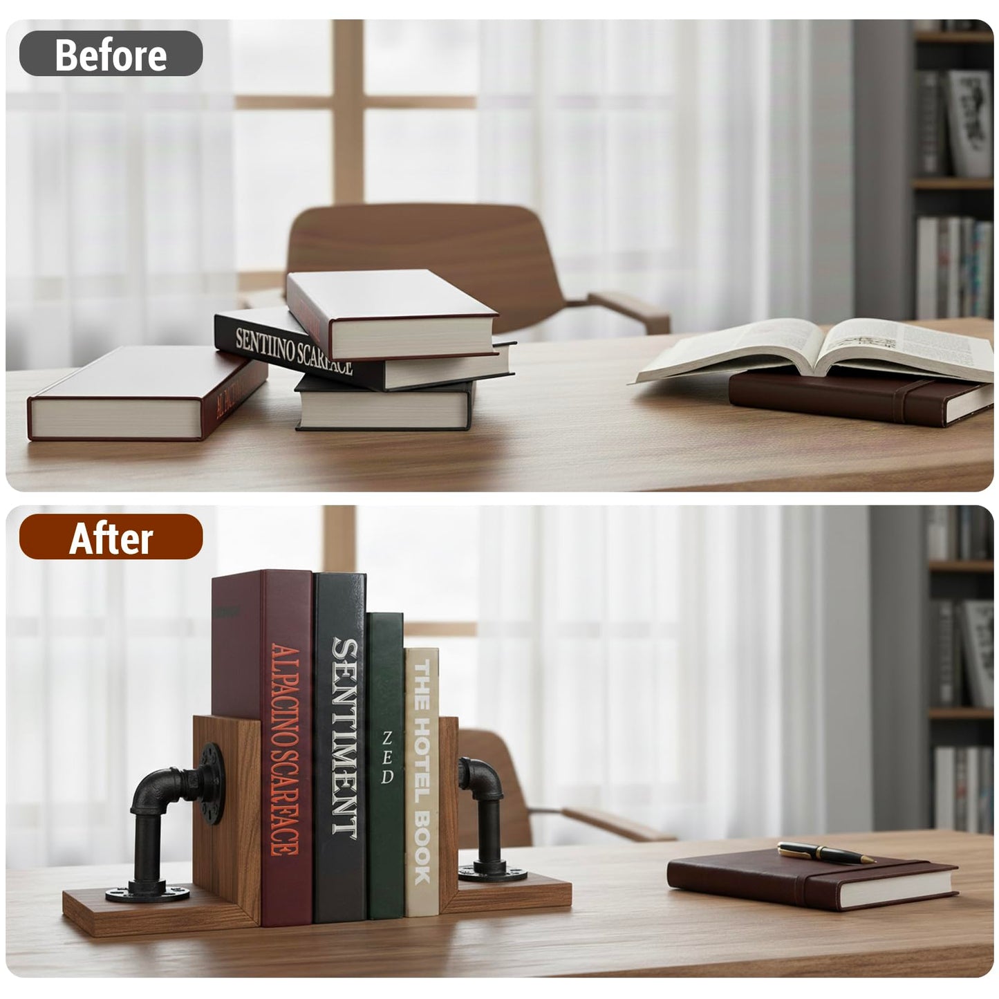 MyGift Book Ends, Decorative Bookends, Heavy Duty Book Holders for Shelves, Rustic Wood with Realistic Industrial Pipe Design,Unique Ideas for Father's Day, Christmas