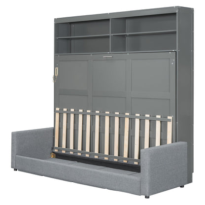 Merax Queen Size Murphy Cabinet Bed with Sofa, Wood Folding Murphy Bed with Open Shelves, Space-Saving Wall Bed for Guest Room and Home Office