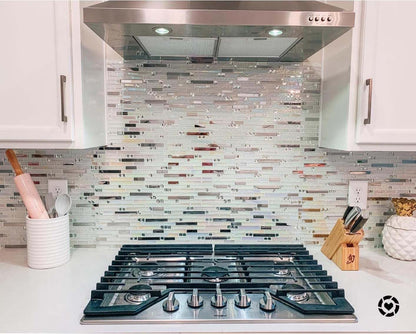 Hominter Modern Iridescent Glass Metal Mosaic Tile Backsplash for Kitchen & Bathroom, White Silver Linear Wall Tiles for Shower, Fireplace & Accent Wall, 3x12 Sample