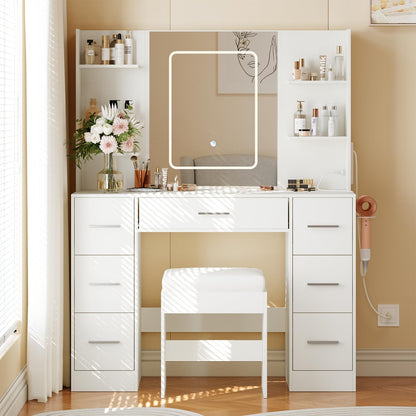Garvee Makeup Vanity with Mirror and Chair, Power Outlet, Hairdryer Holder, 7 Drawers, 3 Lighting Modes Brightness Adjustable Dressing Table for Bedroom (White)
