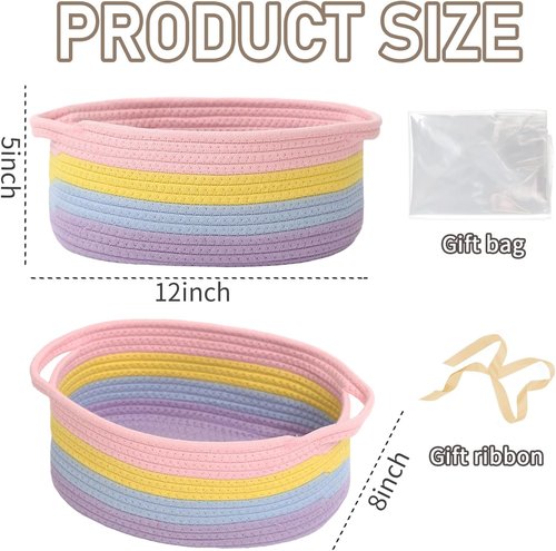 JMvicyroam Woven Storage Baskets - Small Rope Bins with Handles for Organizing Shelves | 2-Pack Rainbow Design