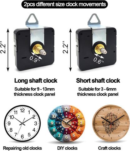2pcs Silent Quartz Clock Movement, Long and Short Shaft with 5 Sets Hands for DIY Wall Clock