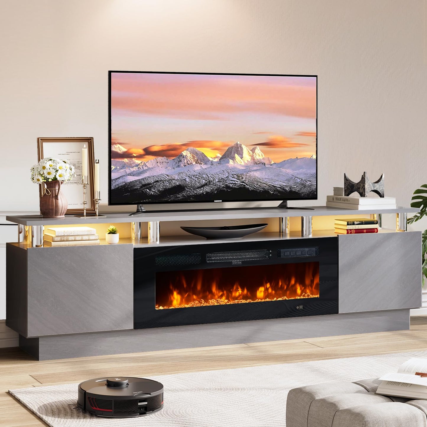 OneBlis 70" TV Stand for Living Room, Entertainment Center with Storage Cabinet, Fits TVs up to 80", Modern Media Console with Shelves, 36" Electric Fireplace (Grey+Black)