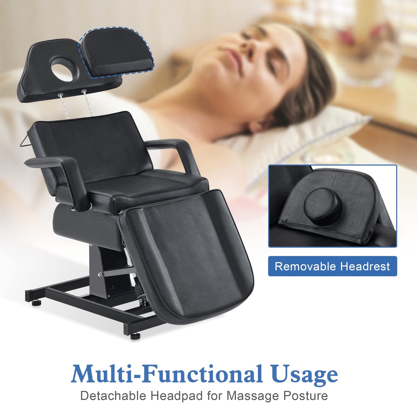 BarberPub Fully Electric Facial Bed with 3 Motor for Esthetician, Electric Tattoo Chair for Client, Facial Bed for Esthetician, Electric Adjustment 2751 (Black, Height (Flat): 24"–33")