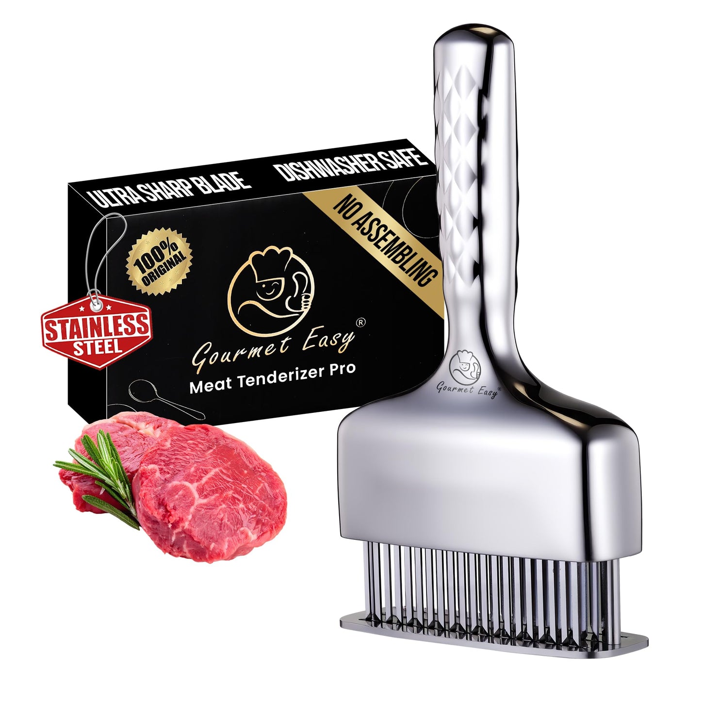 Meat Tenderizer Tool – Hassle Free Extra Long Handle, Rustproof One-Piece Meat Tenderizer Mallet & Hammer, Stainless Steel Blade Needle, Steak Cooking Accessories, No Assembly Needed, 5-Year Warranty