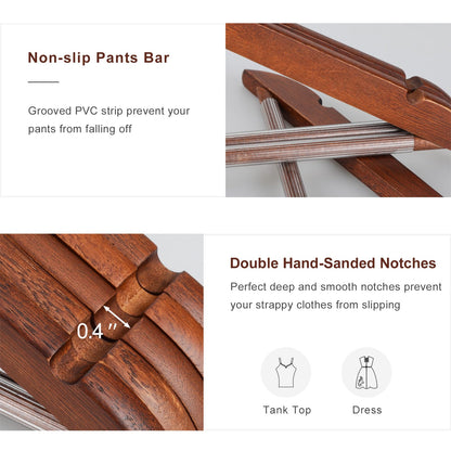 TOPIA HANGER Walnut Wooden Hangers 30 Pack, Wood Clothes Hangers, Durable Coat Hanger with 360-Degree Rotatable Hook, Non-Slip Pants Bar and Shoulder Notches for Camisole Tops - CT34WA30