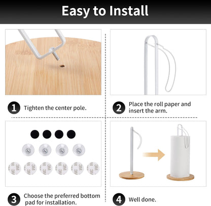Wood Paper Towel Holder with Fixer, Free-Standing Kitchen Towel Holder with Non-Slip Wooden Base - White