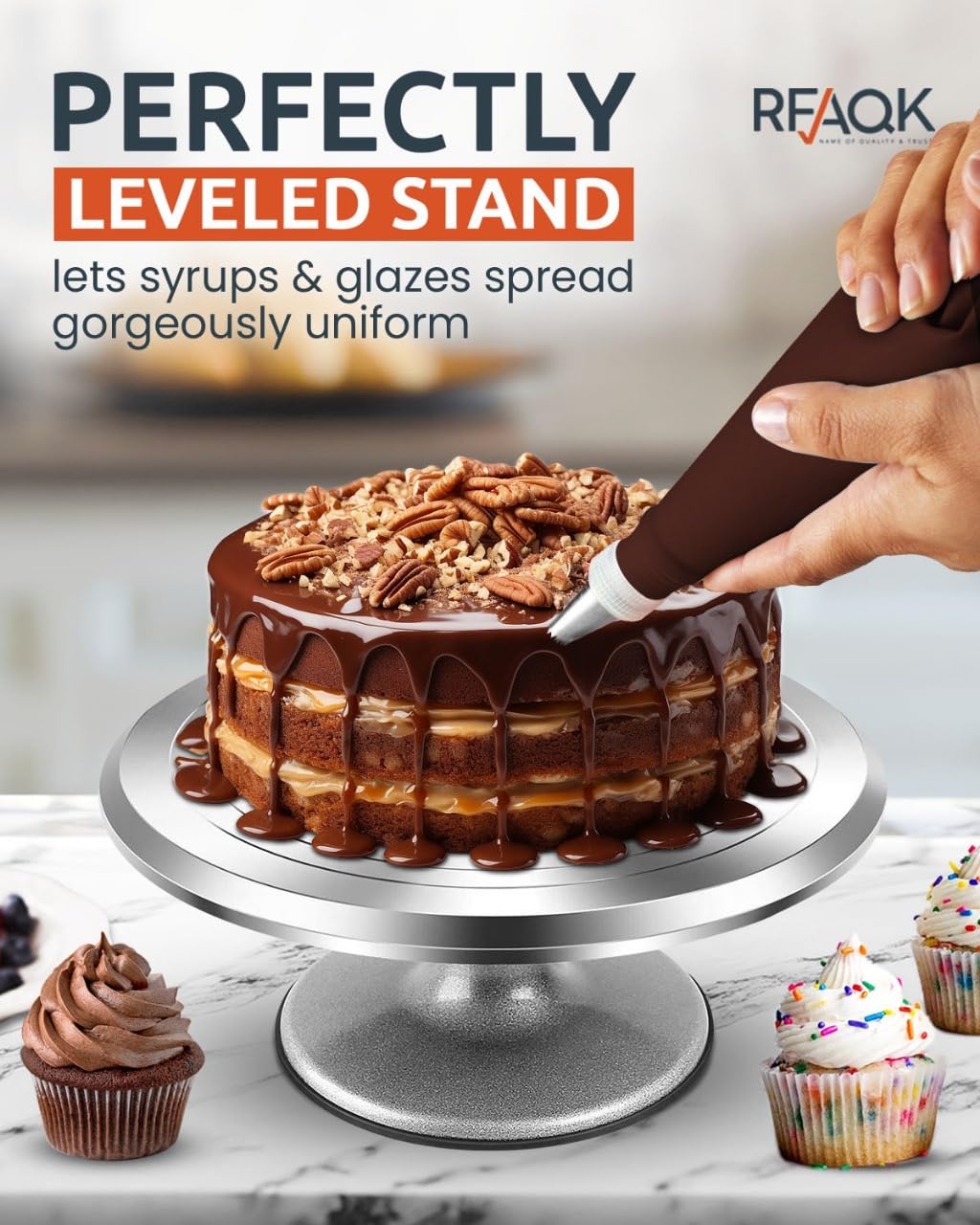 RFAQK 12 Inch Aluminum Alloy Revolving Cake Stand, Cake Turntable for Decorating Rotating Cake Stand for Cupcakes, Pastries and Cake Decorations