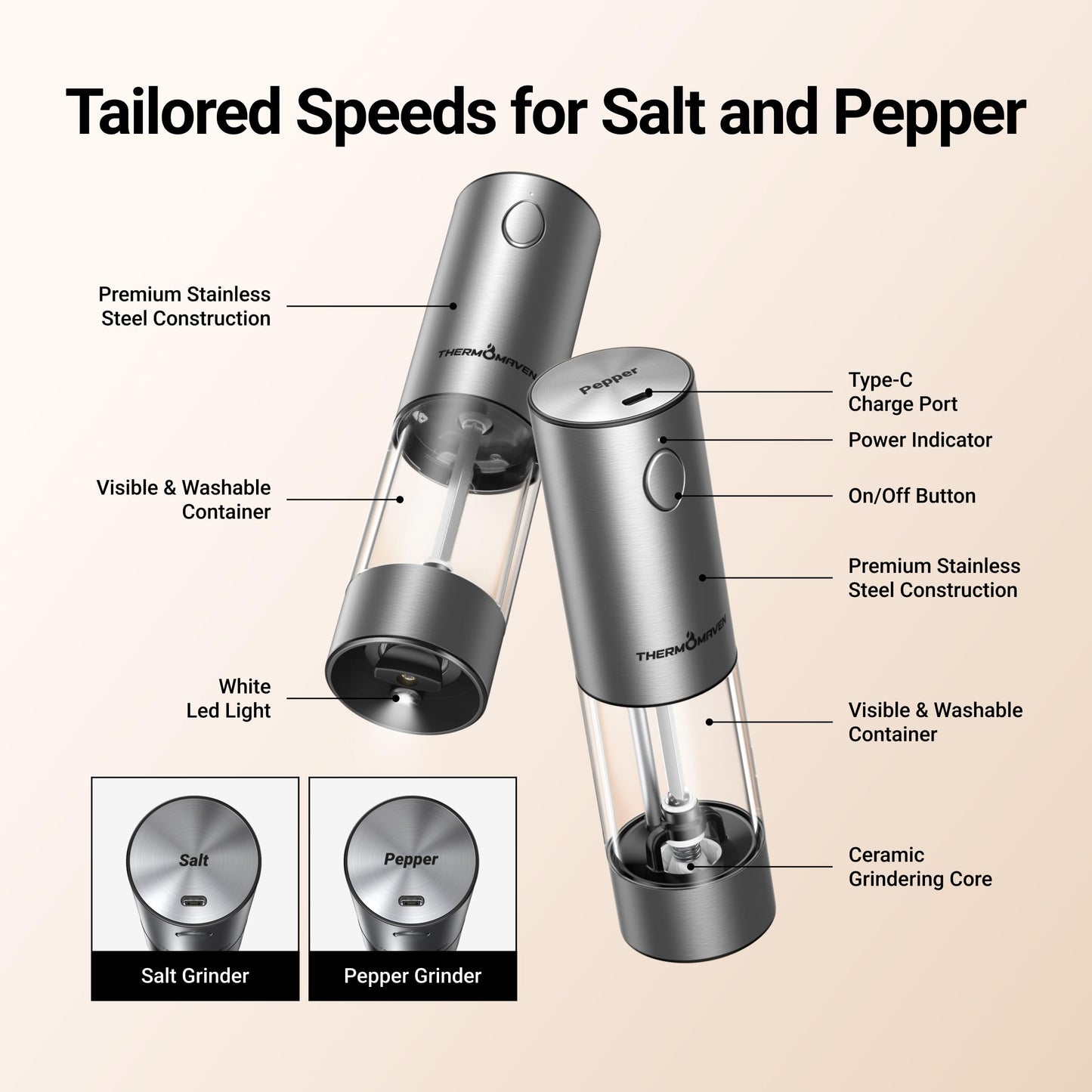 ThermoMaven Electric Salt and Pepper Grinder Set, 110ml Larger Rechargeable Automatic Salt and Pepper Mill Grinder with 6 Adjustable Coarseness, Electric Salt and Pepper Shakers, LED, Gun Grey