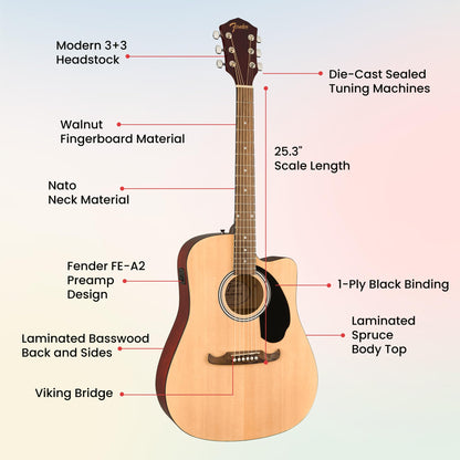 Fender FA-125CE Dreadnought Cutaway Acoustic-Electric Guitar - Natural Bundle with Hard Case, Tuner, Strap, Strings, Picks, and Austin Bazaar Instructional DVD