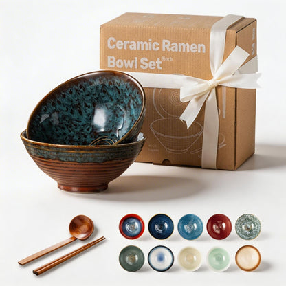 ArtifexCeram 8 Inch Ceramic Ramen Bowl Set of 2, 40oz Japanese Bowls with Spoons & Chopsticks,Durable,Microwave & Dishwasher Safe,Perfect for Ramen,Pho,Salad,Soup,Noodles，Mixing bowls（Verdigris Green）