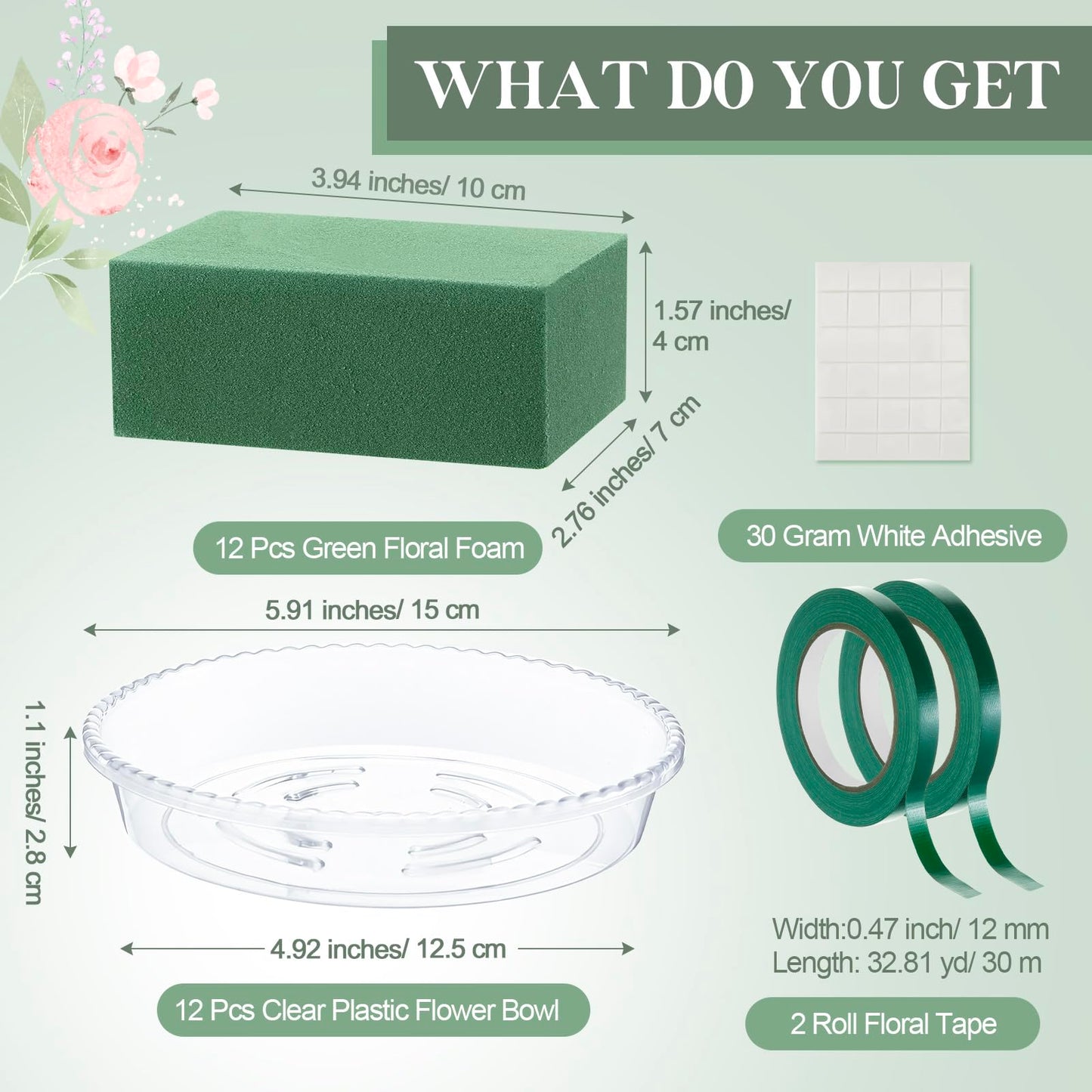 Sabary 12 Sets Flower Foam with 6 Inch Clear Plastic Bowl for Floral Arrangements Wet Floral Foam 2 Roll 32.8 yd Tape 30 Gram White Adhesive for Tall Vases Centerpiece Table Party Wedding Decor