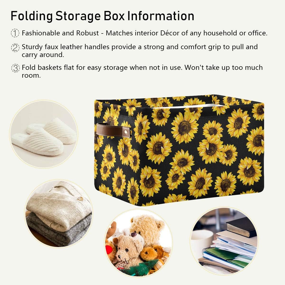 senya Large Foldable Storage Basket, Black Fabric Organizer Bag with Sunflowers and Handles 15 x 11 x 9.5 inch