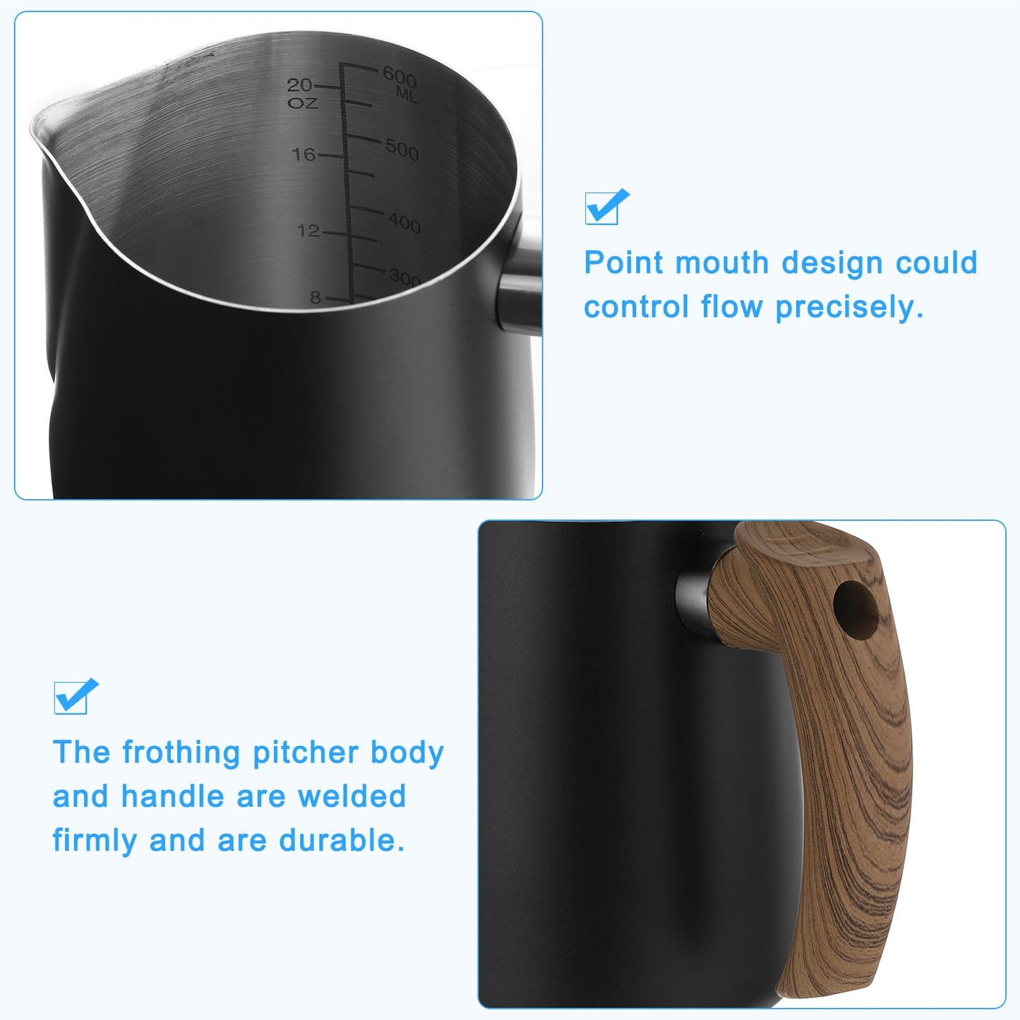 uxcell Milk Frothing Pitcher, 20oz/600ml Stainless Steel Coffee Cup Mug Milk Frothing Pitcher Jug with Handle for Home Cafe Bar Restaurant Hotel, Black