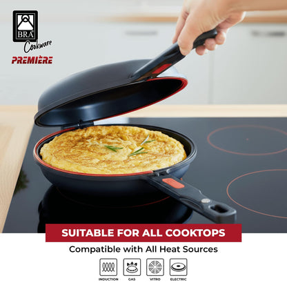 BRA COOKWARE Premiere Dual Skillet | 9.5 inches Double Frying Pan for Frittatas & Spanish Omelets | PFOA Free Triple Nonstick Coating | Full Induction Reversible Pan | Cast Aluminum Flip Skillet