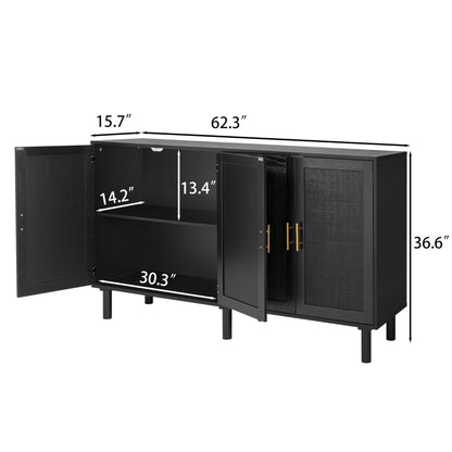 Finnhomy 4 Door Sideboard Buffet Cabinet, Kitchen Storage Buffet with Black Painted Rattan Decorated Doors, Cupboard Console Table, Boho Accent Liquor Cabinet, 62.3X 15.7X 34.6 Inches, Full Black