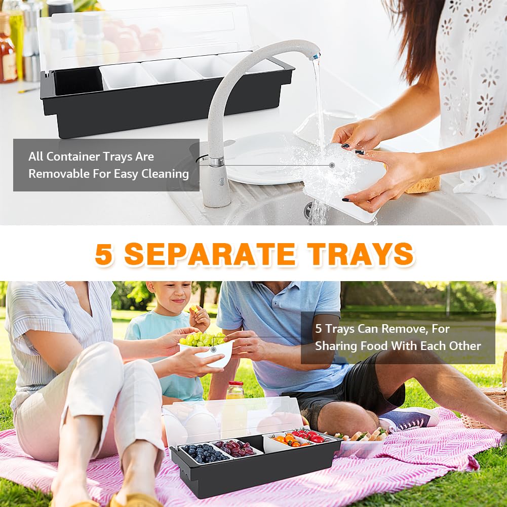 ZXXSFM Condiment Garnish Tray Caddy For Bartenders,Bar Garnish Fruit Caddy With Lid,Plastic Condiment Container For Bartending,Outside Parties (5 Compartment)