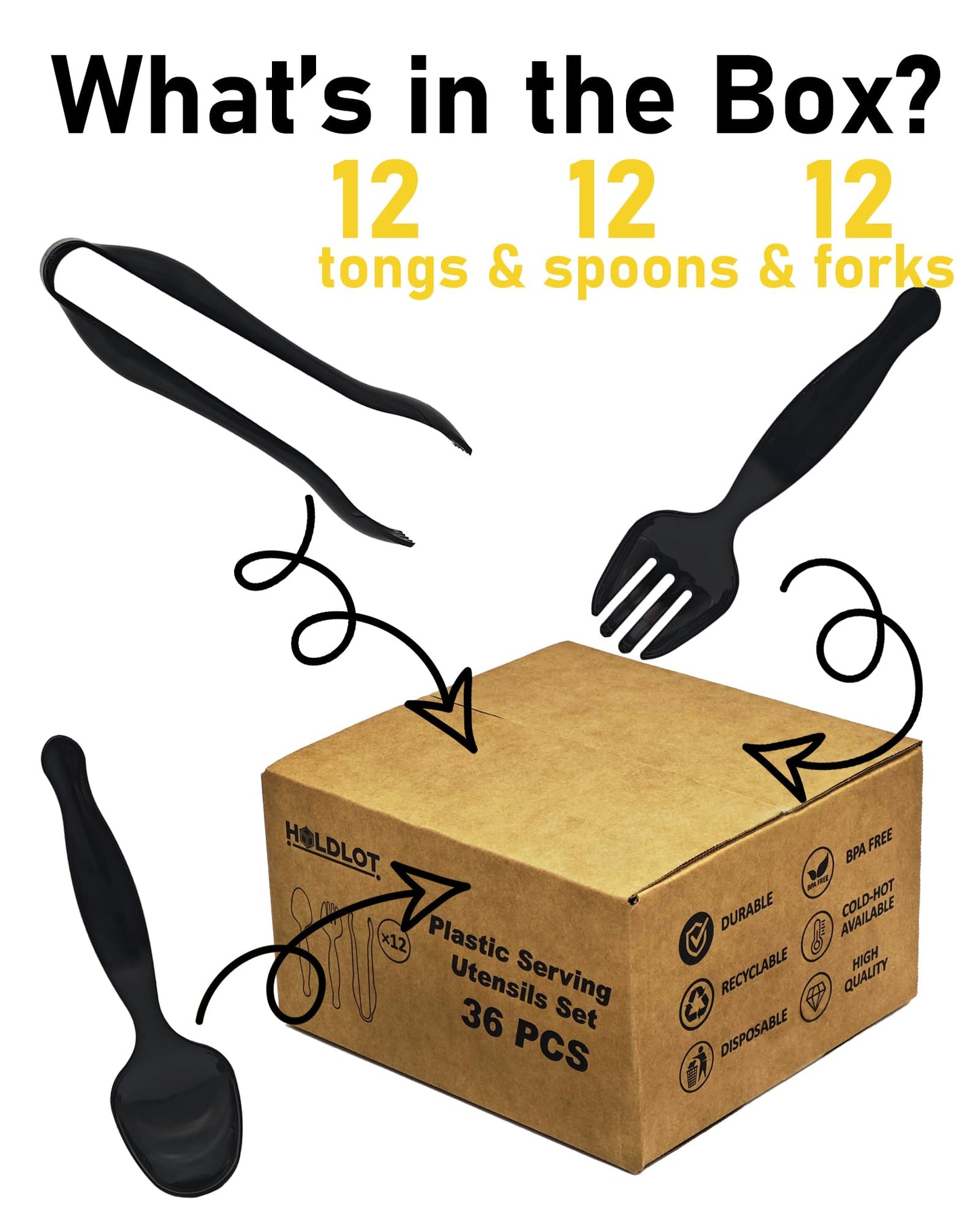 Plastic Serving Utensils 36PCS, Disposable Serving Utensils for Buffets Events Parties - 12 Sets of Heavy Duty Plastic Serving Spoons, Forks, Tongs for Wedding/Birthday/Catering Events (Black)