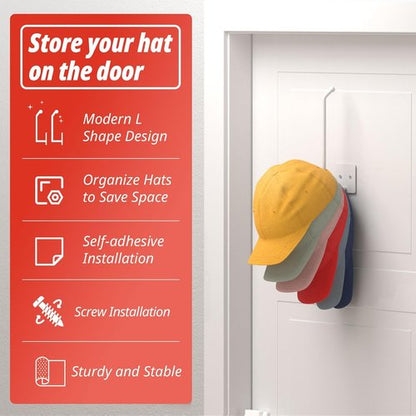 Durmmur Hat Racks - 2 Pack Baseball Cap Organizer with Strong Adhesive | 8.07" Wall-Mounted Storage (White)