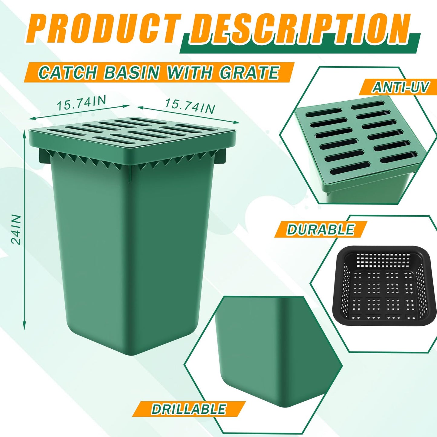 Kritkin Catch Basin with Grate 15 x 15× 24 Inch Square Large Catch Basin for Drainage with Debris Basket French Drain Without Reserved Hole for Yard, Downspout, Lawn, Municipal Pipeline, Green