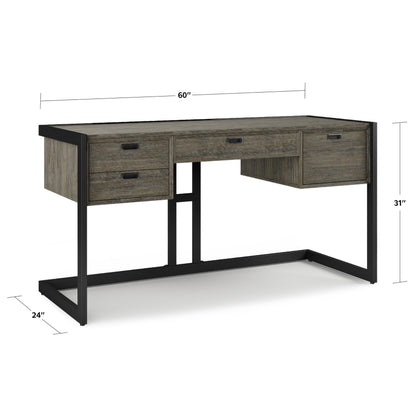 SIMPLIHOME Hampden SOLID ACACIA WOOD Modern Industrial 60 Inch Wide Desk in Weathered Grey, For the Office Desk, Writing Table, Workstation and Study Table