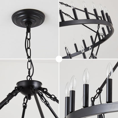 VBKK 60-Inch Black Extra Large Wagon Wheel Chandelier, 2 Tier 54-Light Farmhouse Chandeliers Industrial Round High Ceiling Pendant Light for Dining Room, Living Room, Entryway, E12