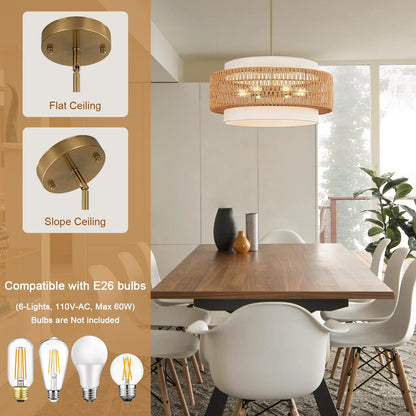6-Light Boho Rattan Chandelier, 25.6" Large Rattan Pendant Light with Fabric Shade, Farmhouse Hand Woven Chandelier Hanging Ceiling Light for Dining Room, Living Room, Kitchen Island, Foyer, Hallway