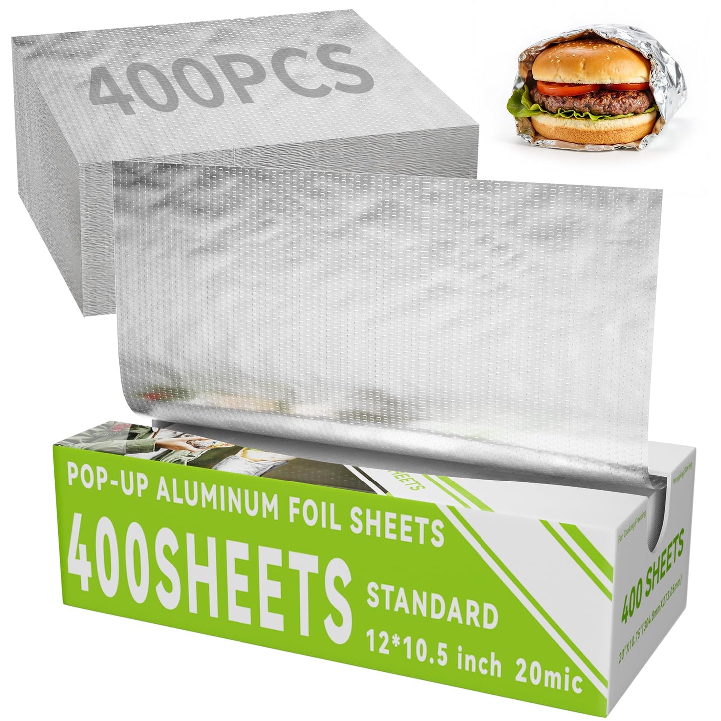 Aluminum Foil Sheets, 400 Count Tin foil,12" x 10.6" Pre-Cut Pop-Up Dispenser for Food Wrap, Hot Dog or Sandwich Wrap,Food Storage, Baking, Catering, Restaurant,Kitchen Use (Silver, 12 Inch)