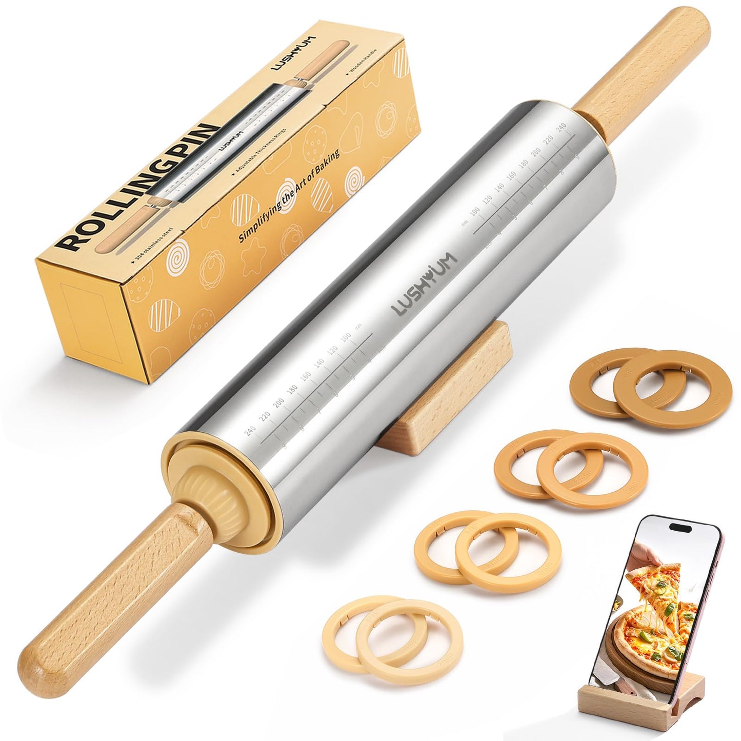 LUSHYUM Adjustable Rolling Pin with Thickness Rings 304 Stainless Steel Dough Roller with Dual-Purpose Stand Detachable Handles for Pizza Cookies Fondant Non Stick Metal Kitchen Tool Gift for Bakers