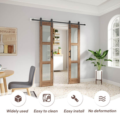 FREDBECK Double 18 x 84 inch Glass Barn Doors 36inch Barn Door with 6.6FT Hardware Kit & Handle Included,3-Panel Frosted Glass,LVL Wood Panel,Water-Proof PVC Surface,Pre-Drilled Holes,Need Assembly
