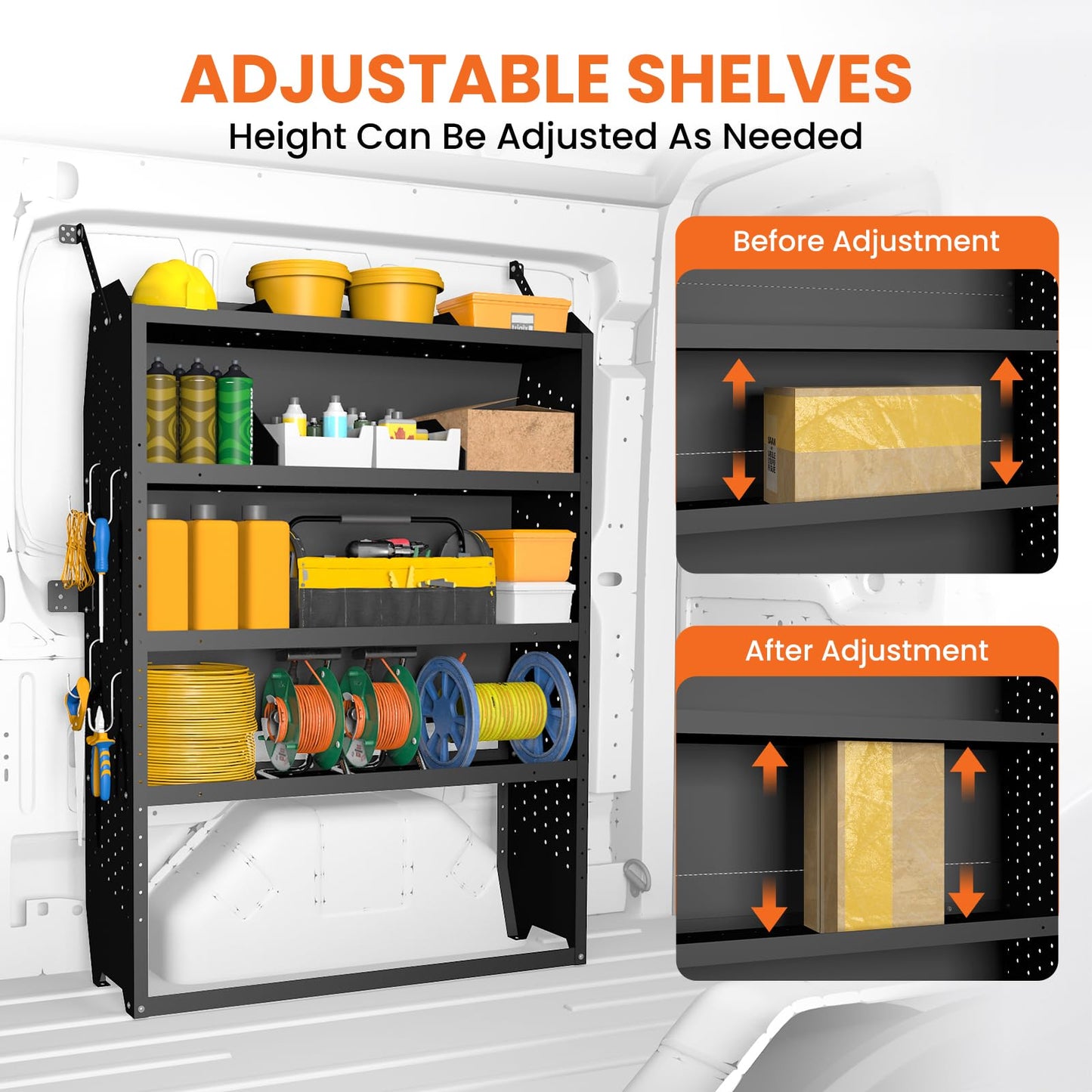 EONECROSS Cargo Van Shelving 4 Tier 52" W x 60" H x 13" D, Heavy Duty Steel Work Van Storage System for Ford Transit, Promaster, Sprinter, Chevy Express, Tool Organizer for Electricians, Contractors