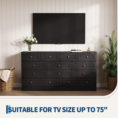 Garvee Wooden Dressers for Bedroom with 12 Drawer, Black Dresser for Adult Bedroom, Modern Wood Chest of Drawers for Living Room, Closet, Hallway, Farmhouse TV Stand Dresser for 75" TV, 61" W×31.5" H