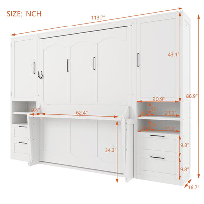 Merax Queen Size Murphy Bed with Desk, Multifunctional Foldable Wall Bed with Closet, Drawers and Shelves, Space-Saving Wood Platform Bed Frame for Small Spaces Studio Study Office Guest Room, White