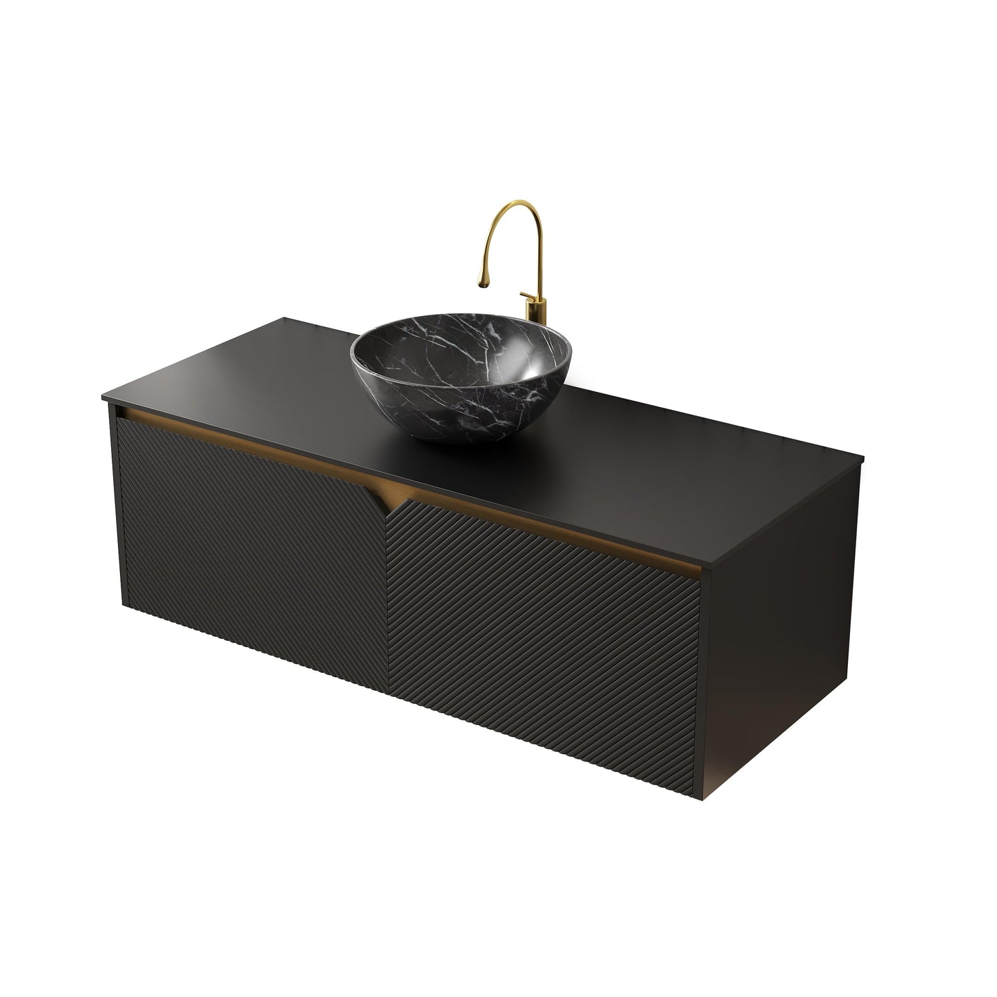 48" Floating Bathroom Vanity with Vessel Sink, RUBEN Wall Mounted Plywood Cabinet, Sintered Stone Countertop, Twill Double Doors with Metal Trim, Modern Storage Unit, Bowl Black Stone Ceramic Basin