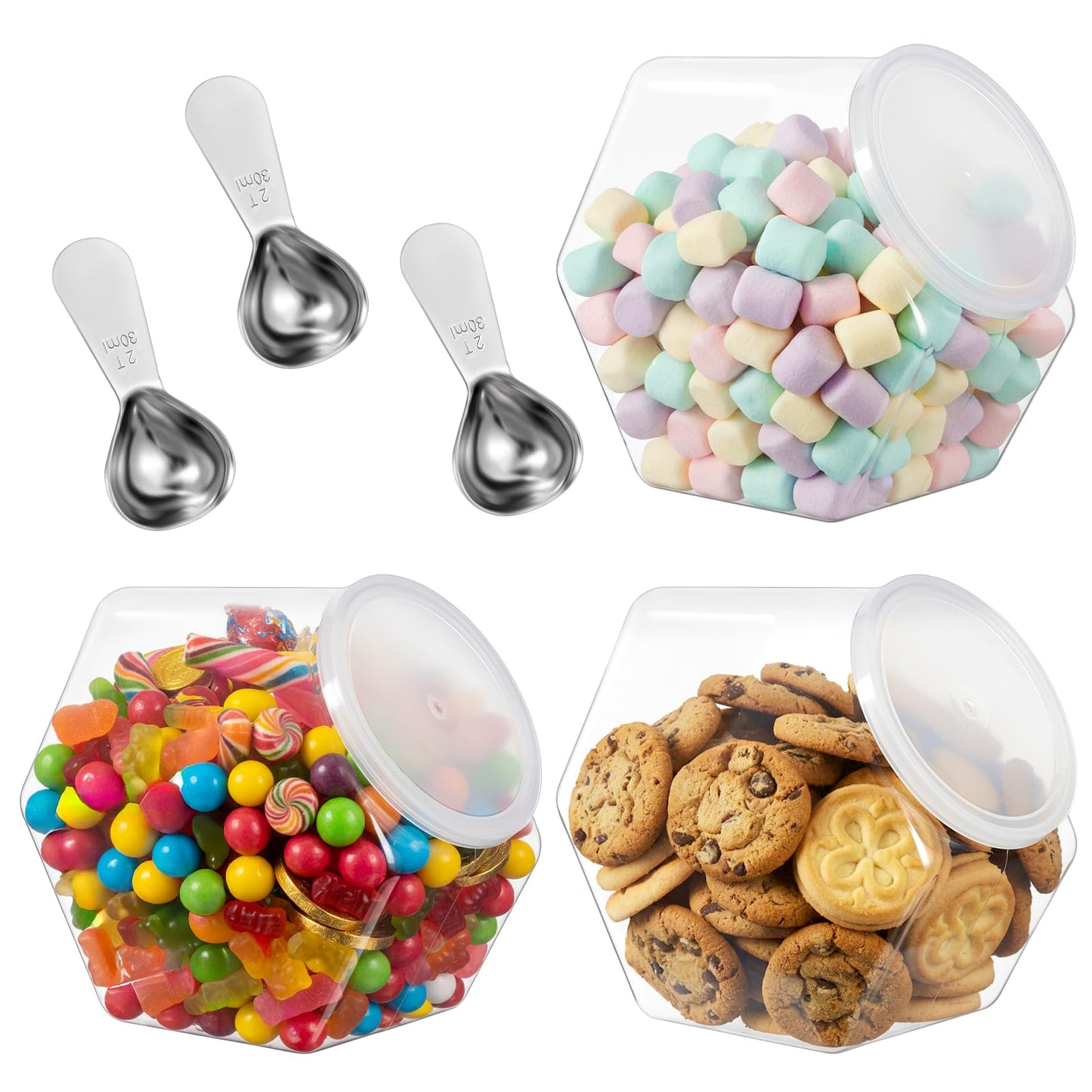 Exclaith 3 Pcs Plastic Candy Jars, 72oz Clear Cookie Jar with Lid, with 3 30ML Stainless Steel Kitchen Scoops, Hexagon Clear Candy Container Cookie Jars for Kitchen Counter Decorative