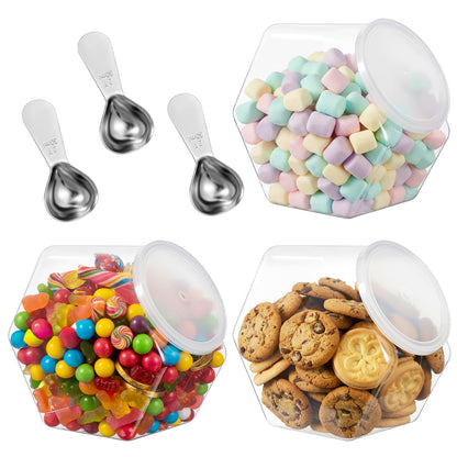 Exclaith 3 Pcs Plastic Candy Jars, 72oz Clear Cookie Jar with Lid, with 3 30ML Stainless Steel Kitchen Scoops, Hexagon Clear Candy Container Cookie Jars for Kitchen Counter Decorative