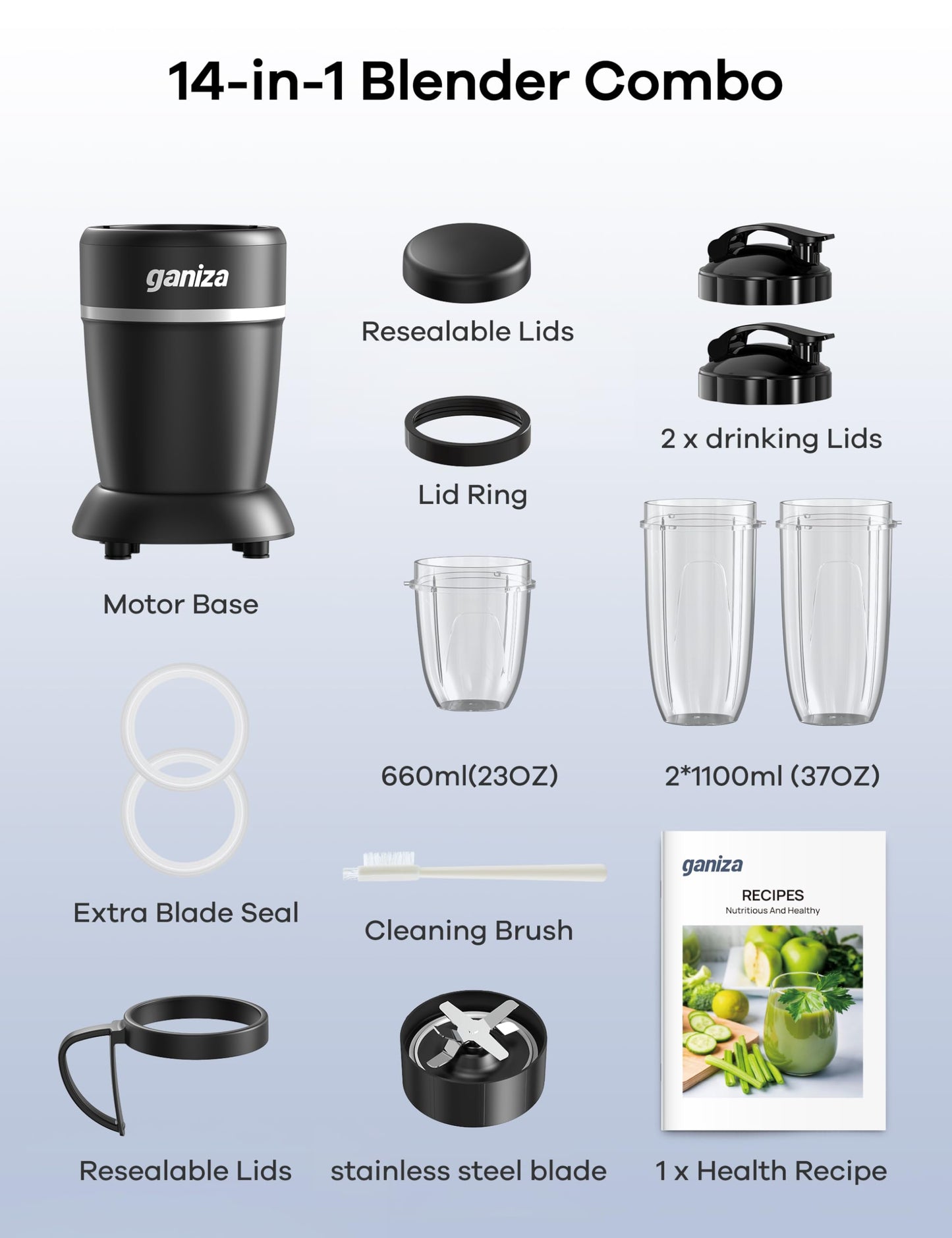 Ganiza Blender for Smoothies, 14 Pcs Smoothie Blender for Kitchen, Max 1300W Portable Blenders for Shakes Ice Crushing Grinding & More with 2 X 37 oz, 23 oz Cups, Perfect for Home & On - the - Go